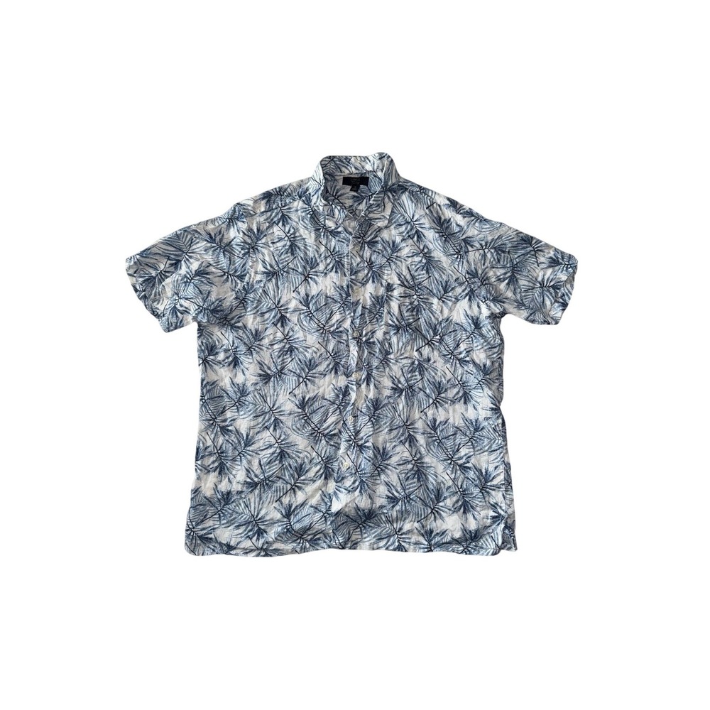 CLUB ROOM Linen Button Down Shirt Mens‎ XL Blue Palm Leaf Tropical Short Sleeve